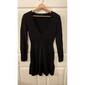 Revolve NBD V-neck Perforated Black Long Sleeve Flutter Mini Dress, S